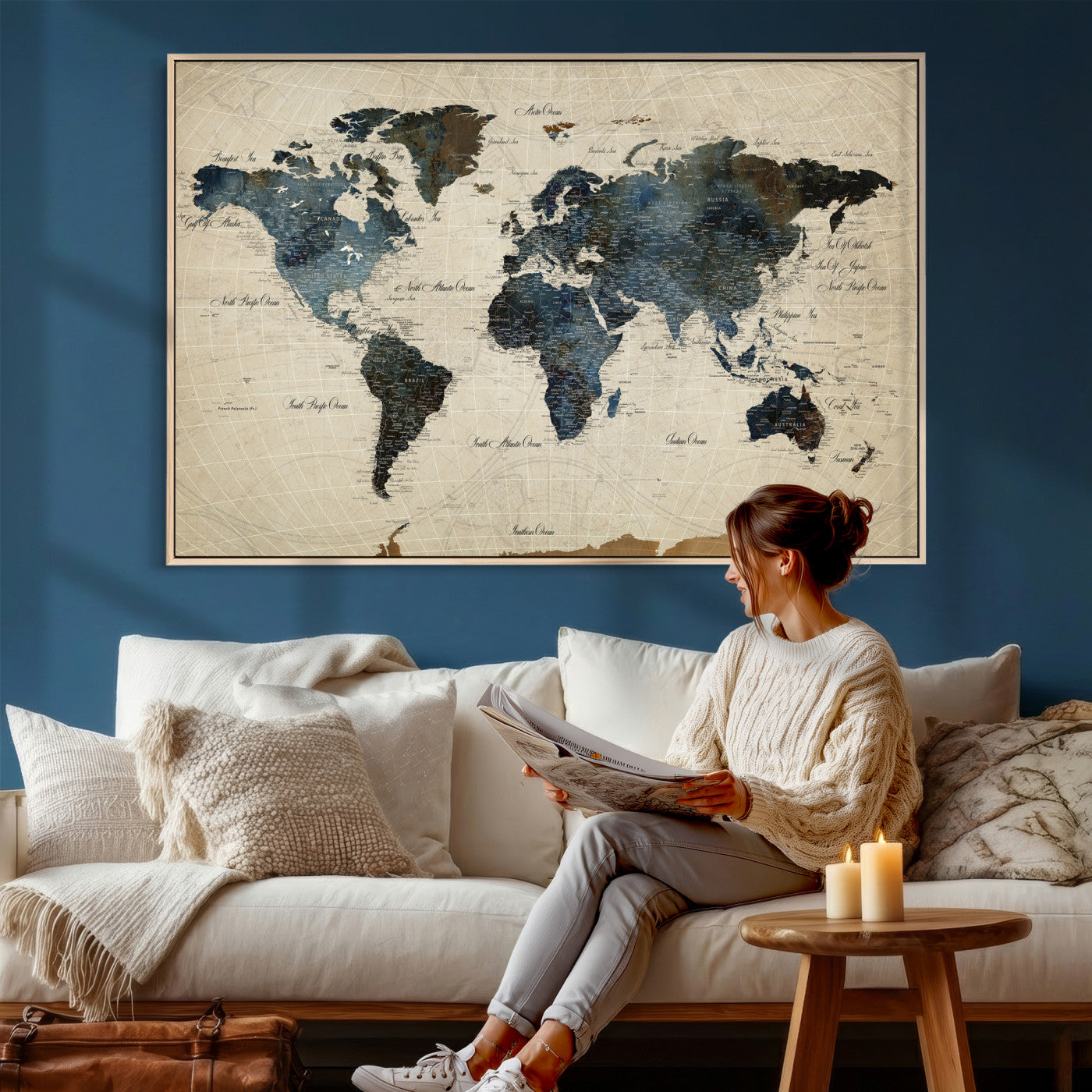 72927803-MGV-CV-36X24 - World Map Wall Art Canvas Print, Modern Decorative Framed Map Artwork Prints for Living Room, Office, Bedroom Wall Decor