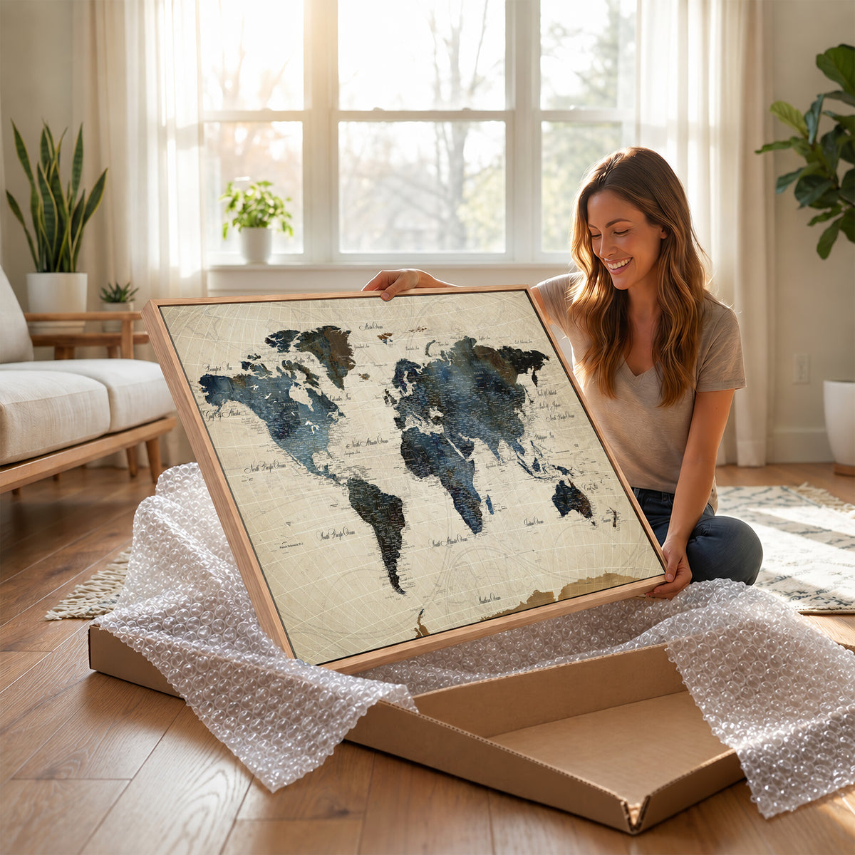 72927803-MGV-CV-36X24 - World Map Wall Art Canvas Print, Modern Decorative Framed Map Artwork Prints for Living Room, Office, Bedroom Wall Decor