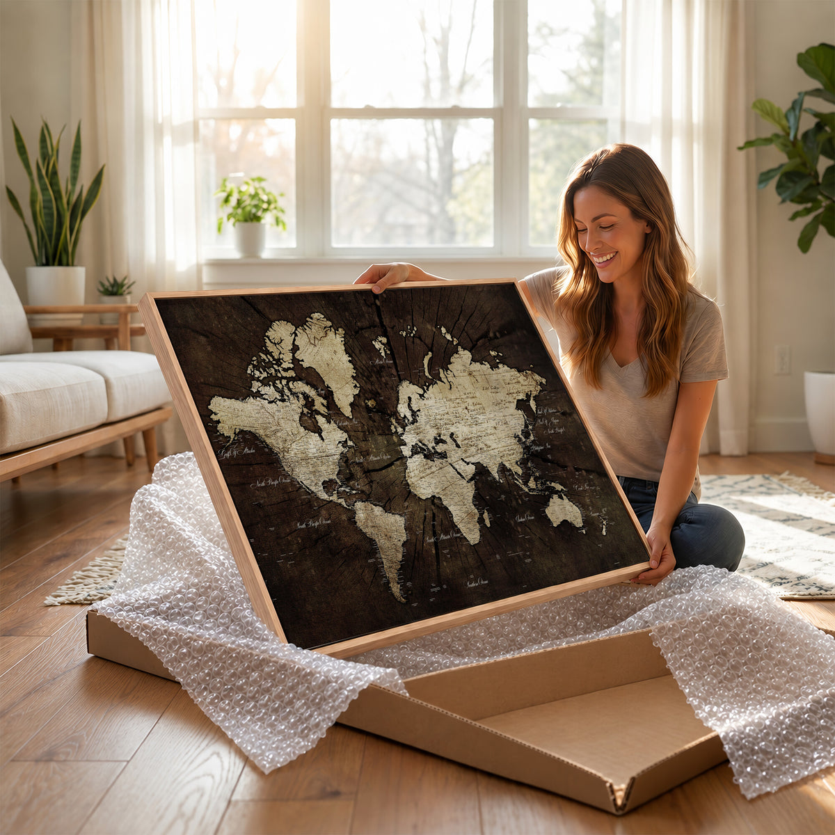 40991509-MGV-CV-36X24 - World Map Wall Art Canvas Print, Modern Decorative Framed Map Artwork Prints for Living Room, Office, Bedroom Wall Decor