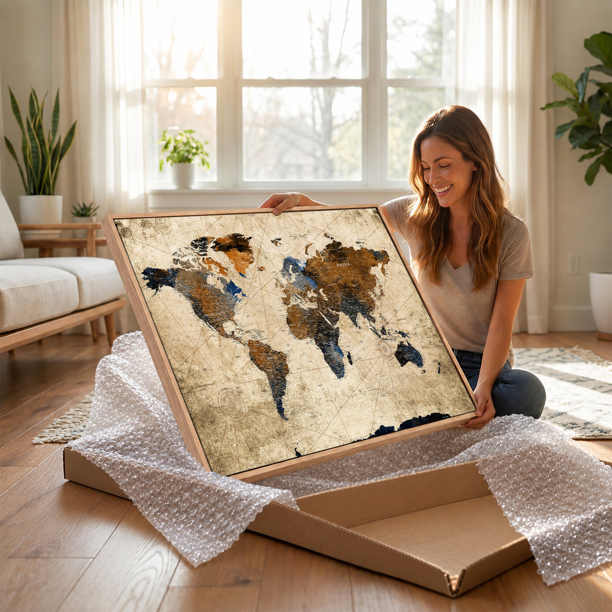 27163414-MGV-CV-36X24 - World Map Wall Art – Rustic Earth Tone Canvas Print, Antique
