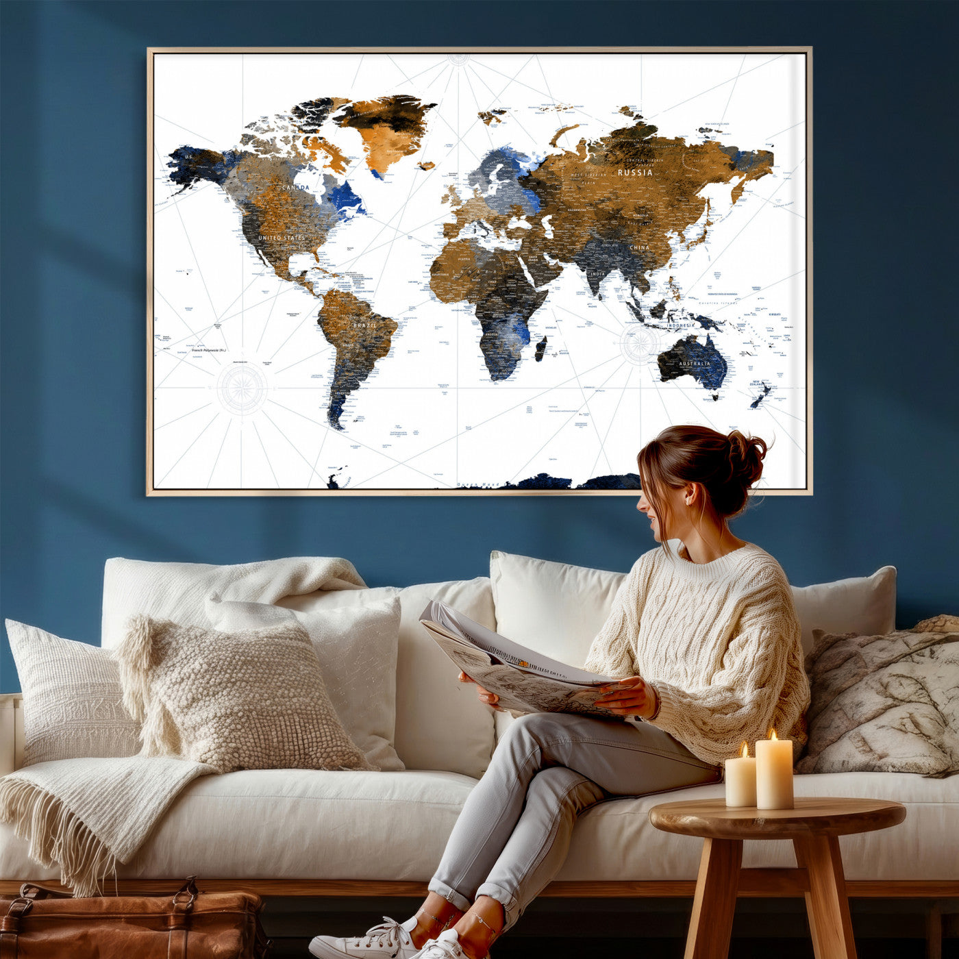 56364879-MGV-CV-36X24 - World Map Wall Art Canvas Print, Modern Decorative Framed Map Artwork Prints for Living Room Decor
