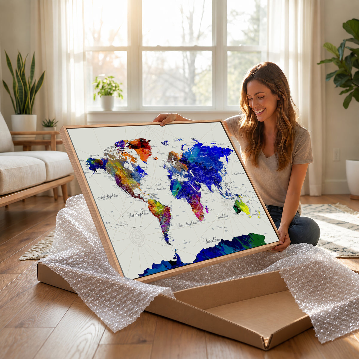 49670038-MGV-CV-36X24 - World Map Wall Art Canvas Print, Modern Decorative Framed Map Artwork Prints for Living Room, Office, Bedroom Wall Decor
