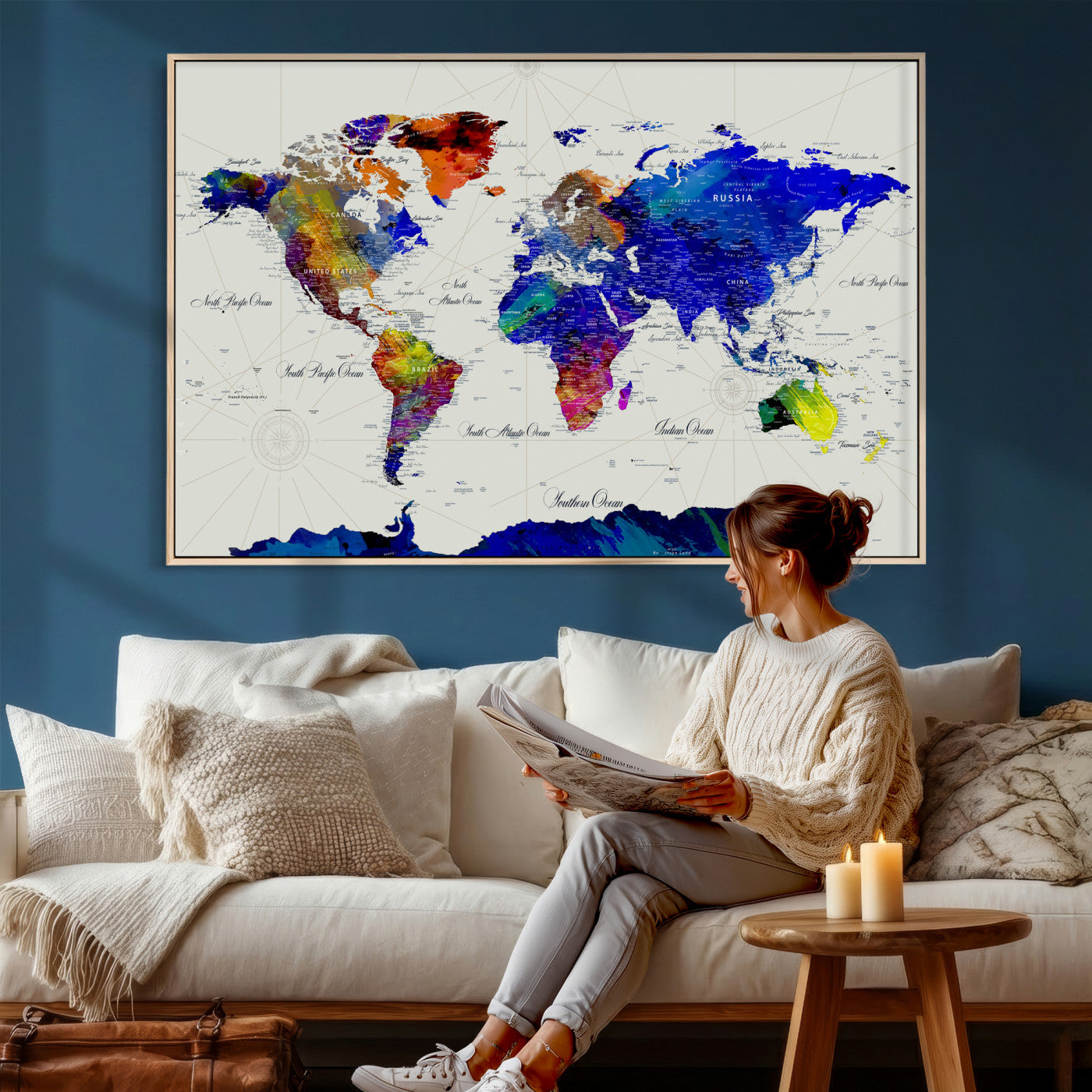 49670038-MGV-CV-36X24 - World Map Wall Art Canvas Print, Modern Decorative Framed Map Artwork Prints for Living Room, Office, Bedroom Wall Decor