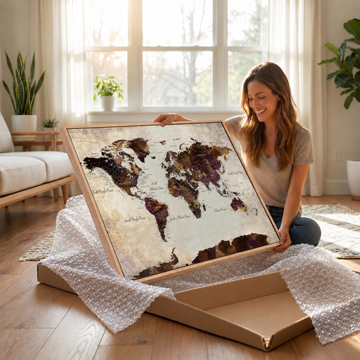 50611123-MGV-CV-36X24 - World Map Canvas Triptych | Colorful Global Wall Art for Living Rooms