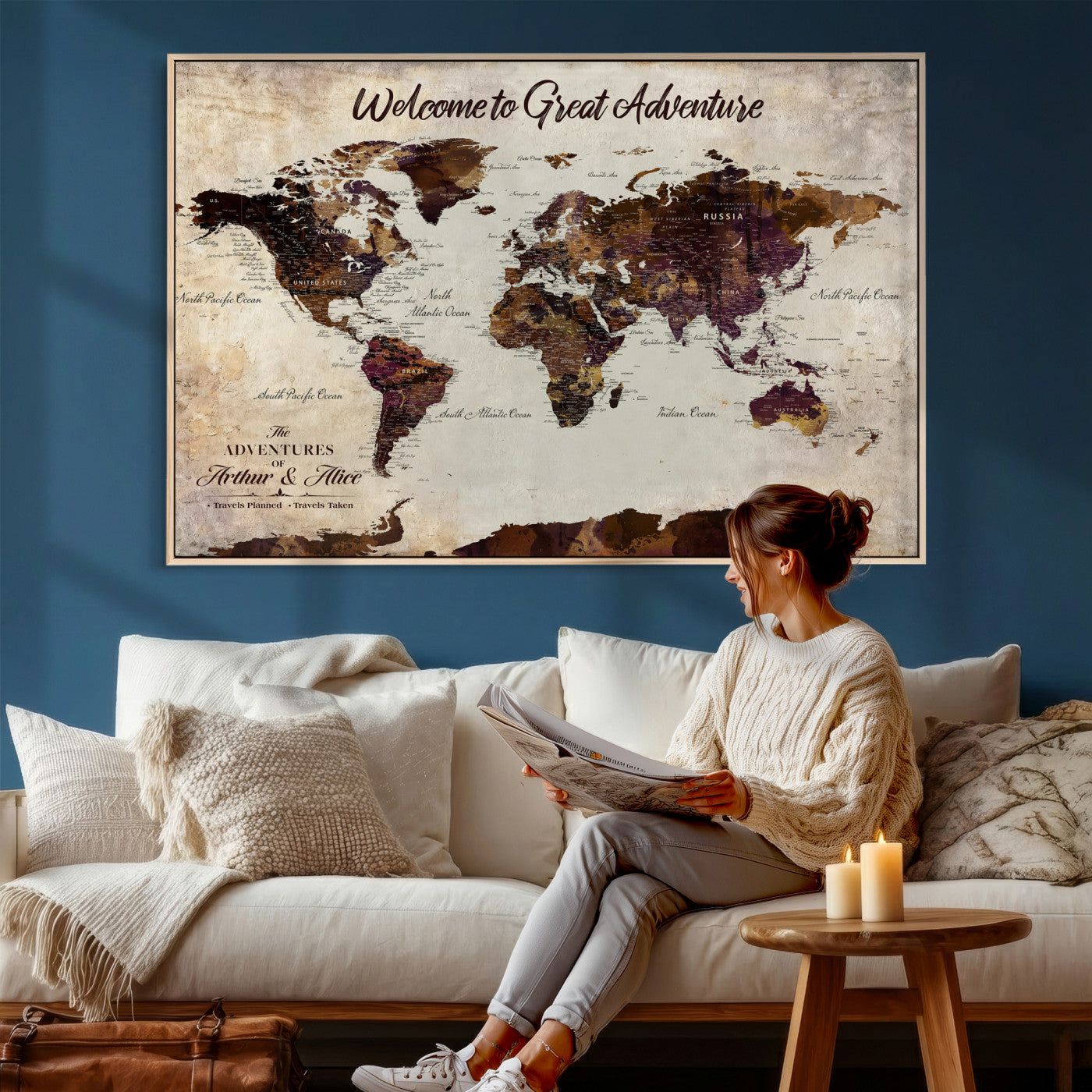 64110391126-MGV-CV-36X24-Custom Push Pin World Map Wall Art Canvas Print – Personalized Travel Tracker with Pins Framed Large for Home and Office Decor