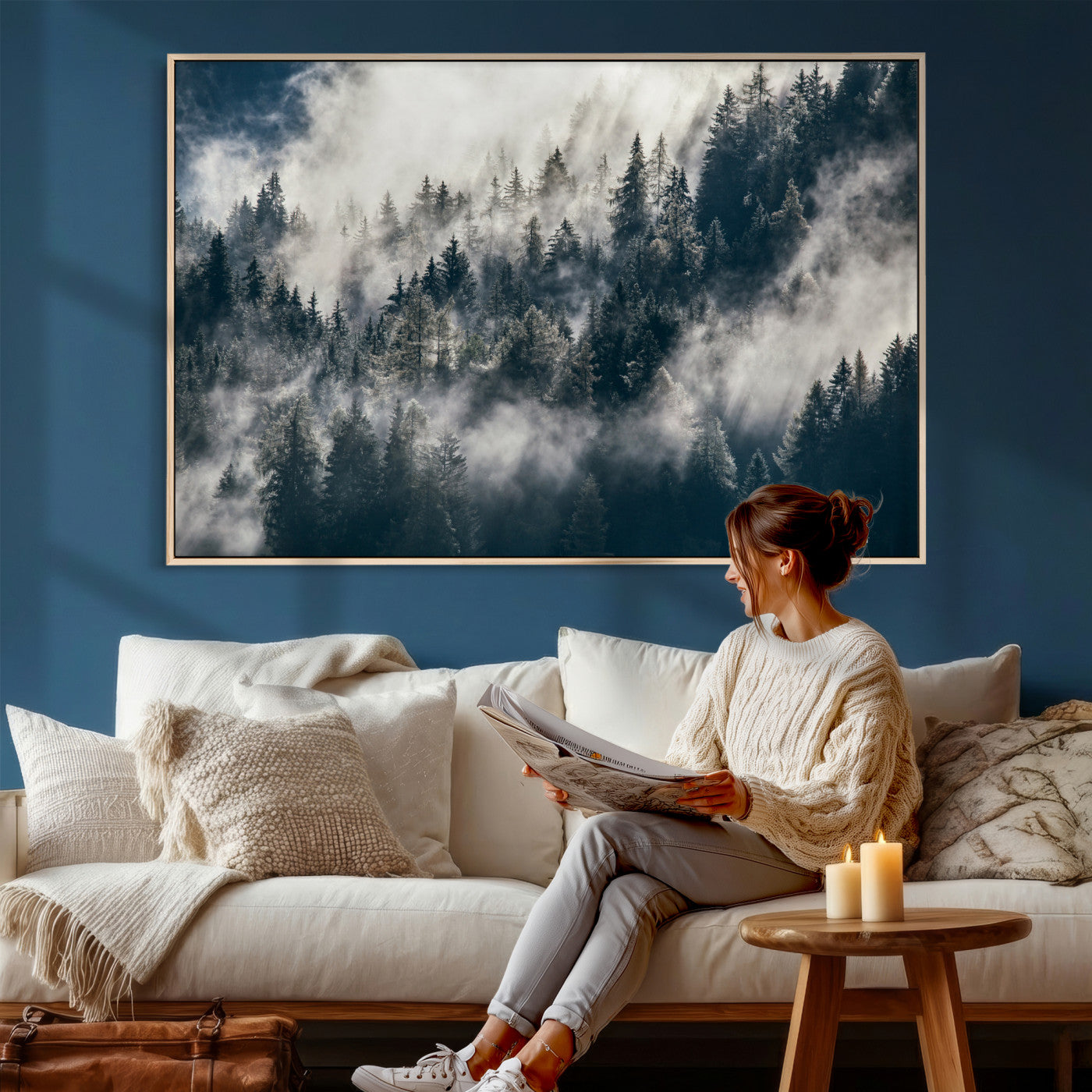 63405824-MGV-CV-36X24 - Foggy Mountain Forest Canvas Print, Misty Pine Trees Nature Wall Art, Framed Canvas Ready to Hang