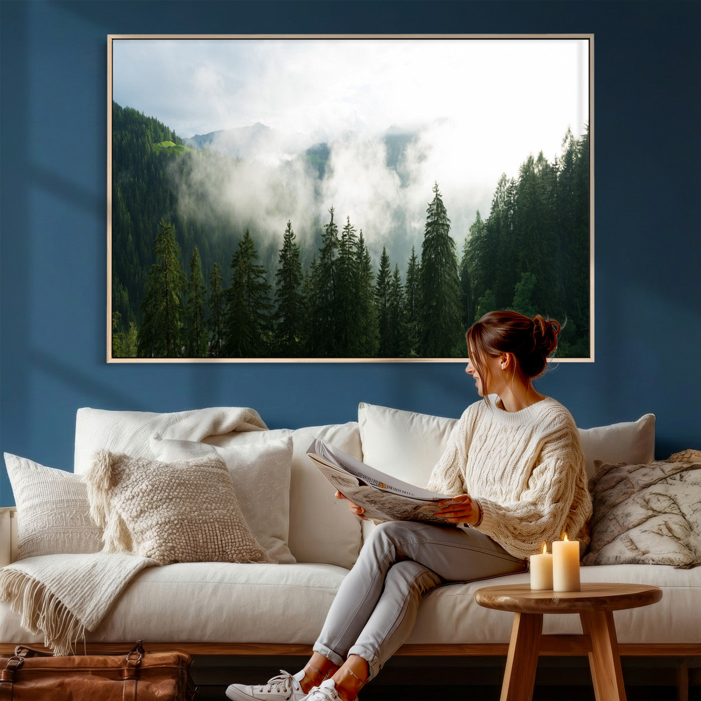 67174129-MGV-CV-36X24 - Misty Mountain Forest Canvas Print, Foggy Pine Trees Nature Wall Art, Framed Canvas Ready to Hang