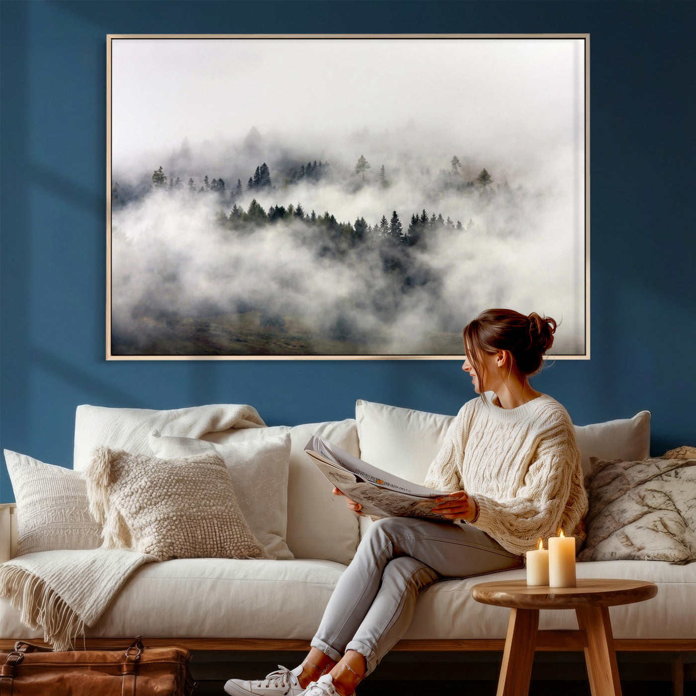 63235457-MGV-CV-36X24 - Foggy Forest Wall Art Canvas Print, Misty Pine Tree Landscape Wall Art Print, Framed Wall Art Ready to Hang