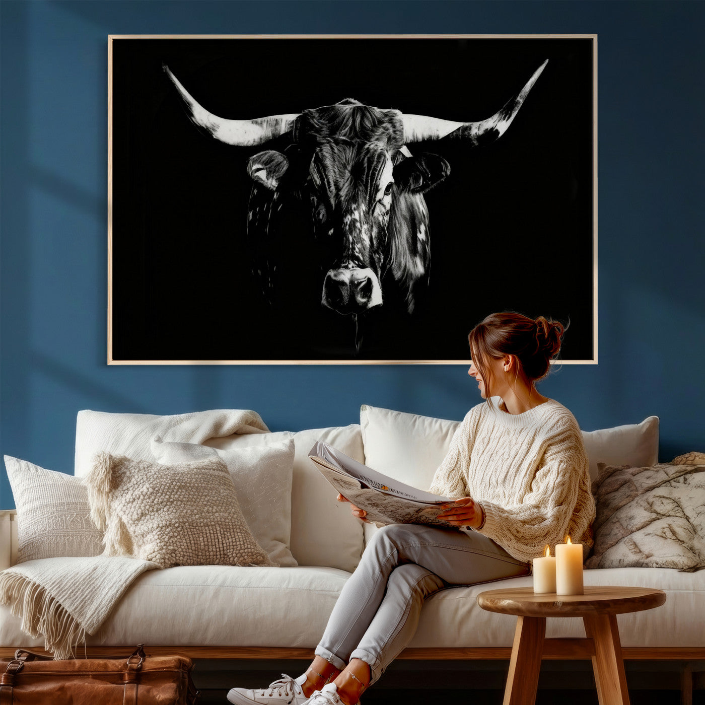 21436434-MGV-CV-36X24 - Black Bull Wall Art Canvas Print, Dark Longhorn Portrait Photography, Framed Wall Art Ready to Hang