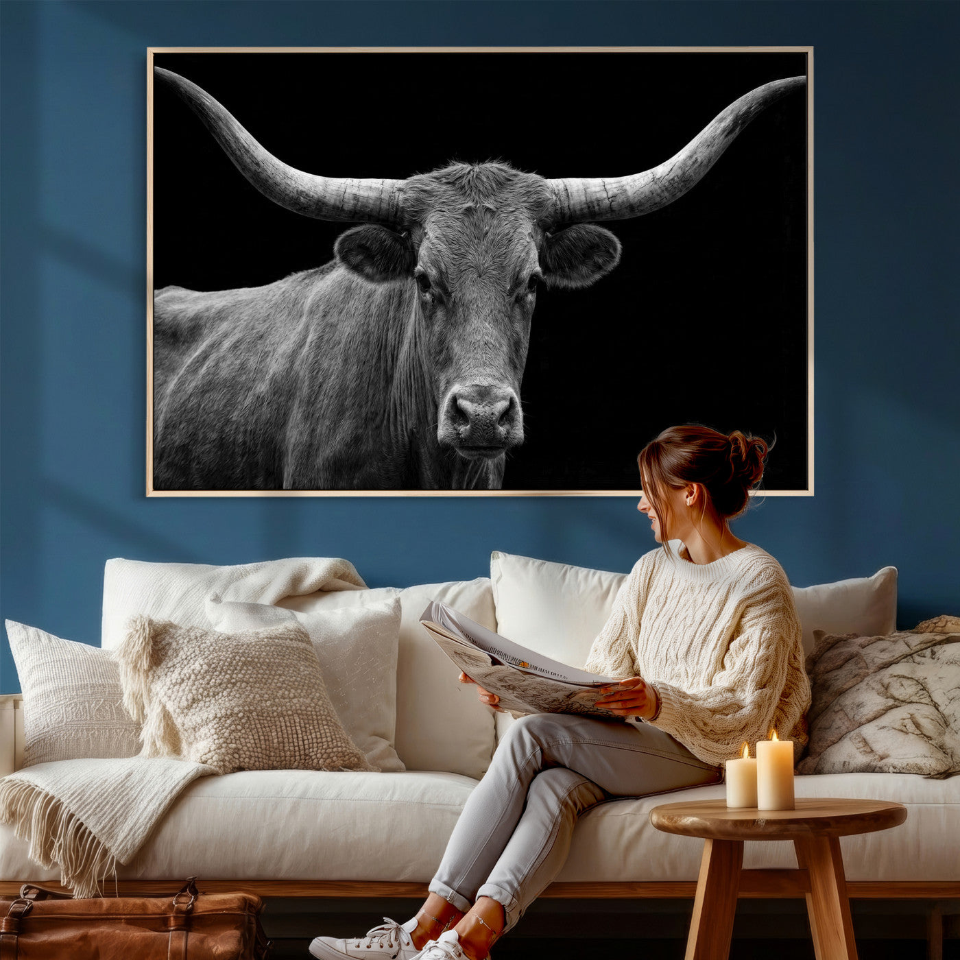 32601430-MGV-CV-36X24 - Texas Longhorn Bull Wall Art Canvas Print, Cow Portrait Photography, Framed Wall Art Ready to Hang