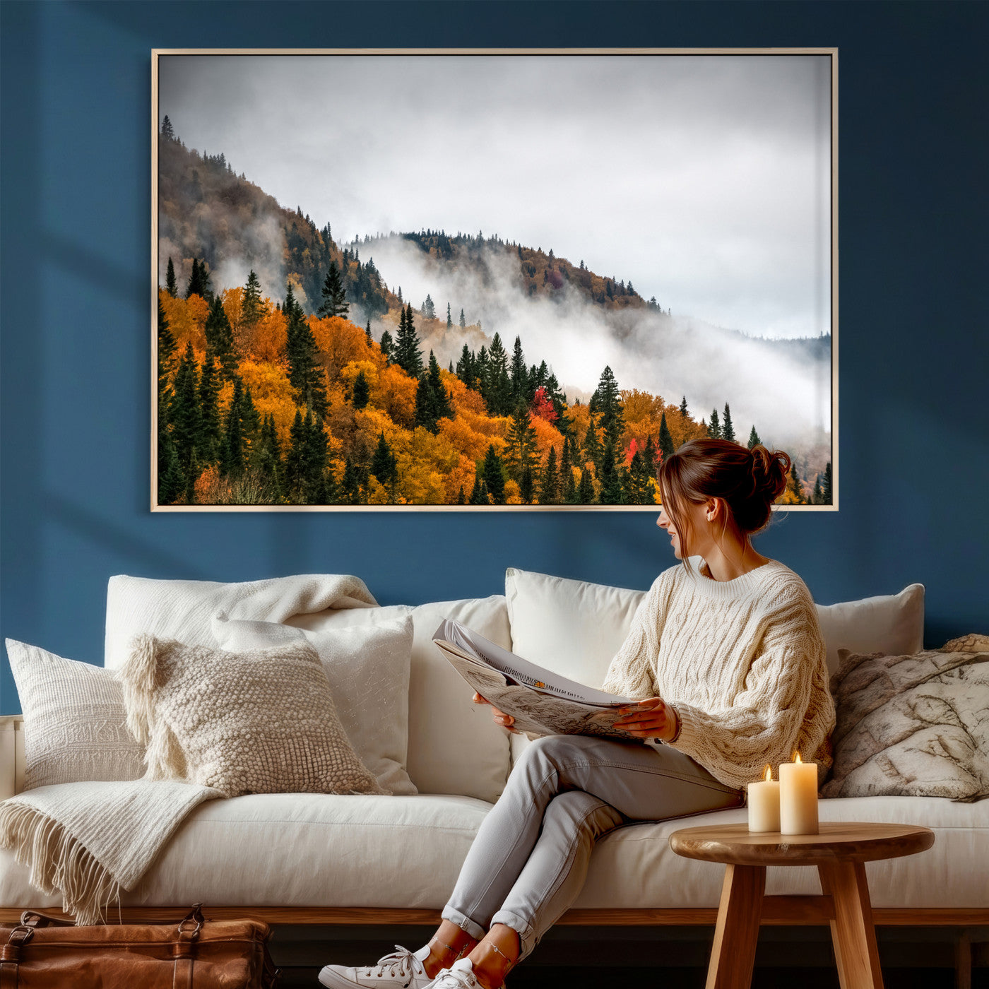 93581632-MGV-CV-36X24 - Autumn Forest Wall Art Canvas Print, Foggy Mountain Landscape Nature Photography, Framed Wall Art Ready to Hang