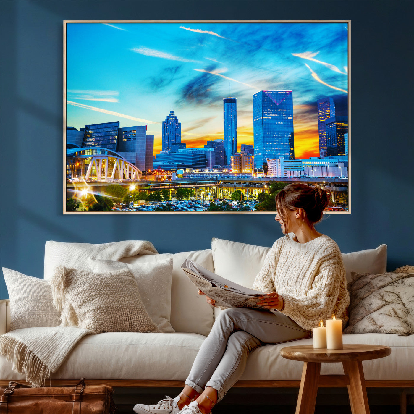 23097797-MGV-CV-36X24 - Atlanta Skyline Wall Art Canvas Print, Atlanta Downtown Night Cityscape Print for Modern Urban Wall Decor