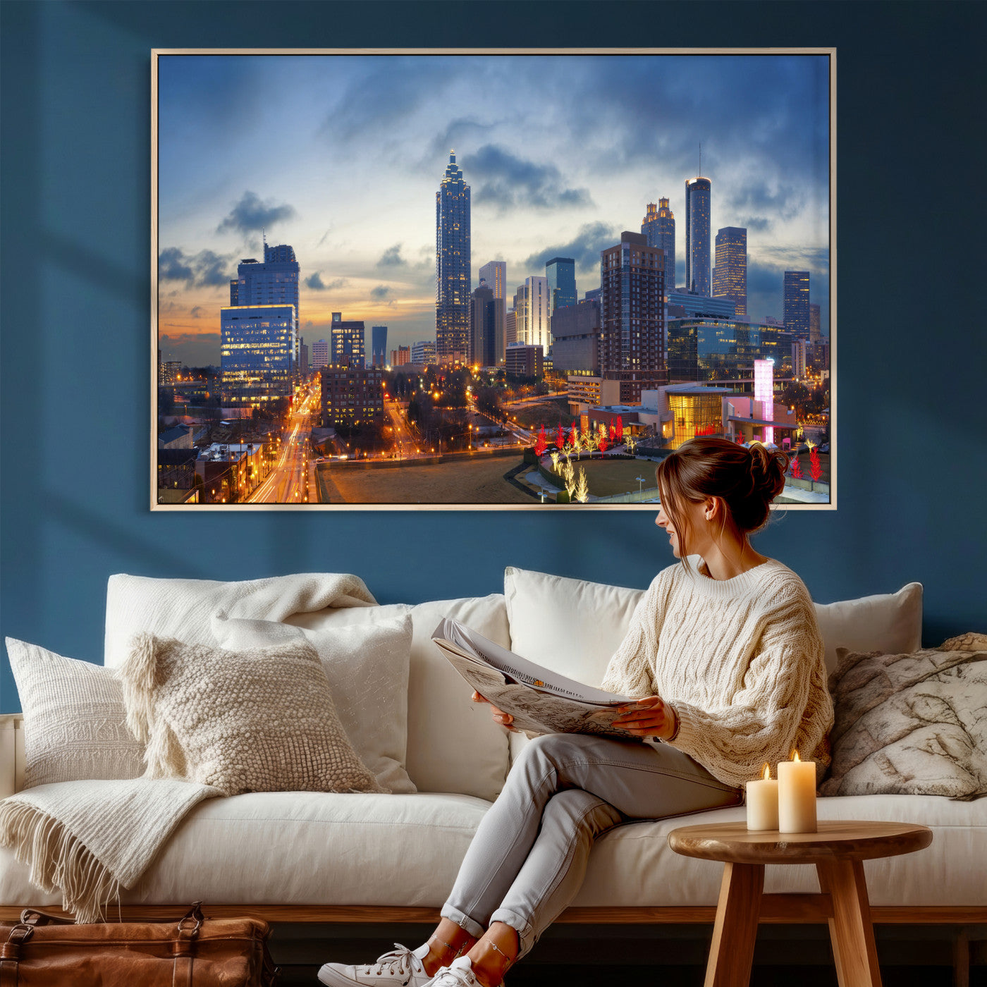 18461309-MGV-CV-36X24 - Atlanta Skyline Wall Art Canvas Print, Atlanta Downtown Night Cityscape Print for Modern Urban Wall Decor