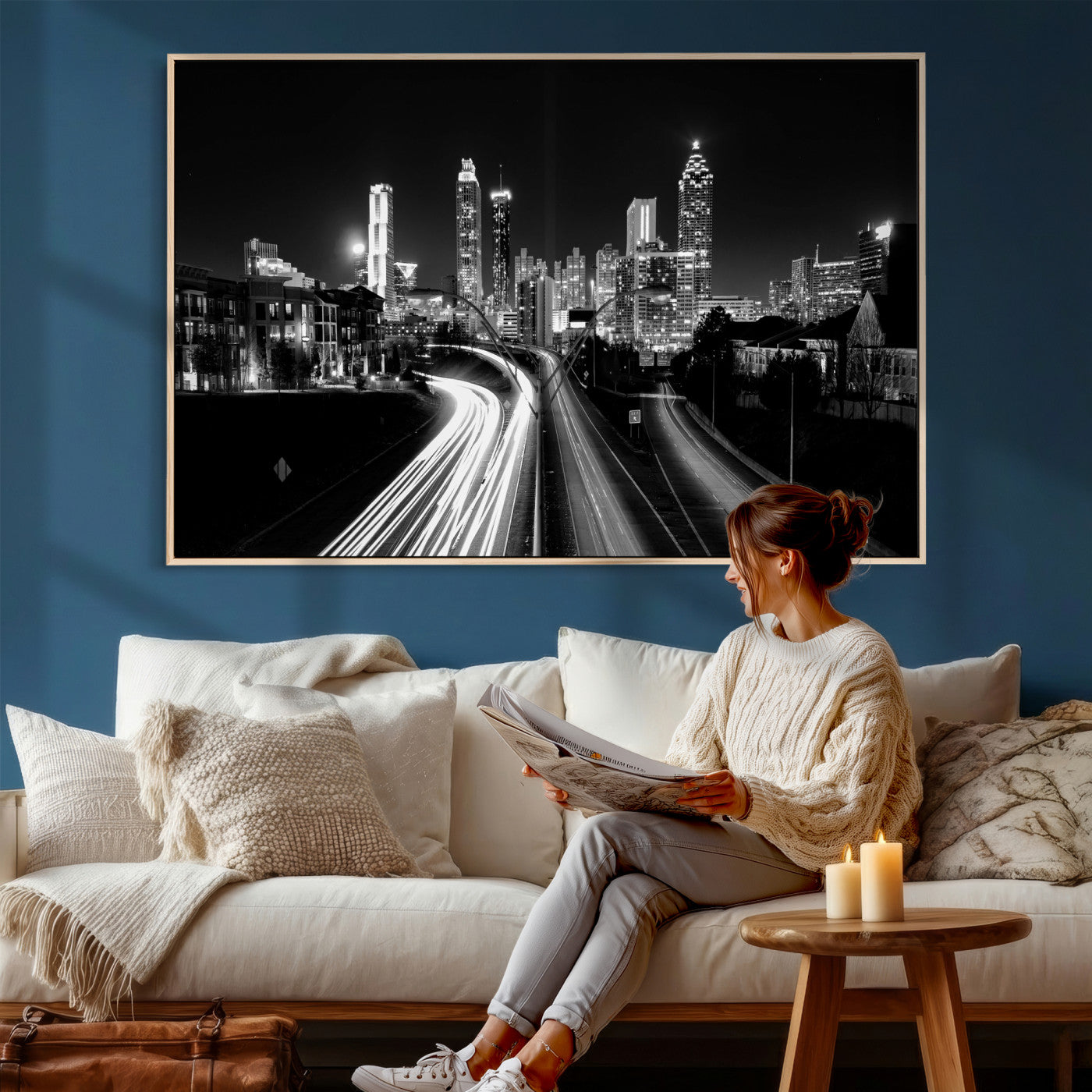 80330064-MGV-CV-36X24 - Atlanta Skyline Wall Art Canvas Print, Atlanta Downtown Night Cityscape Print for Modern Urban Wall Decor