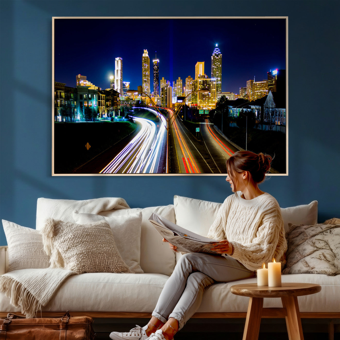 12967464-MGV-CV-36X24 - Atlanta Skyline Wall Art Canvas Print, Atlanta Downtown Night Cityscape Print for Modern Urban Wall Decor