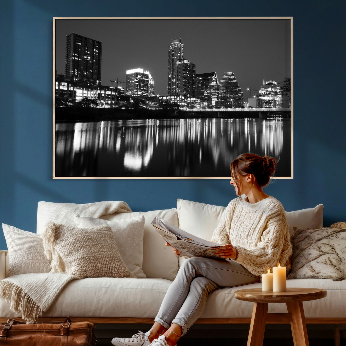 38129554-MGV-CV-36X24 - Austin Skyline Wall Art Canvas Print, Austin Downtown Night Cityscape Print for Modern Urban Wall Decor