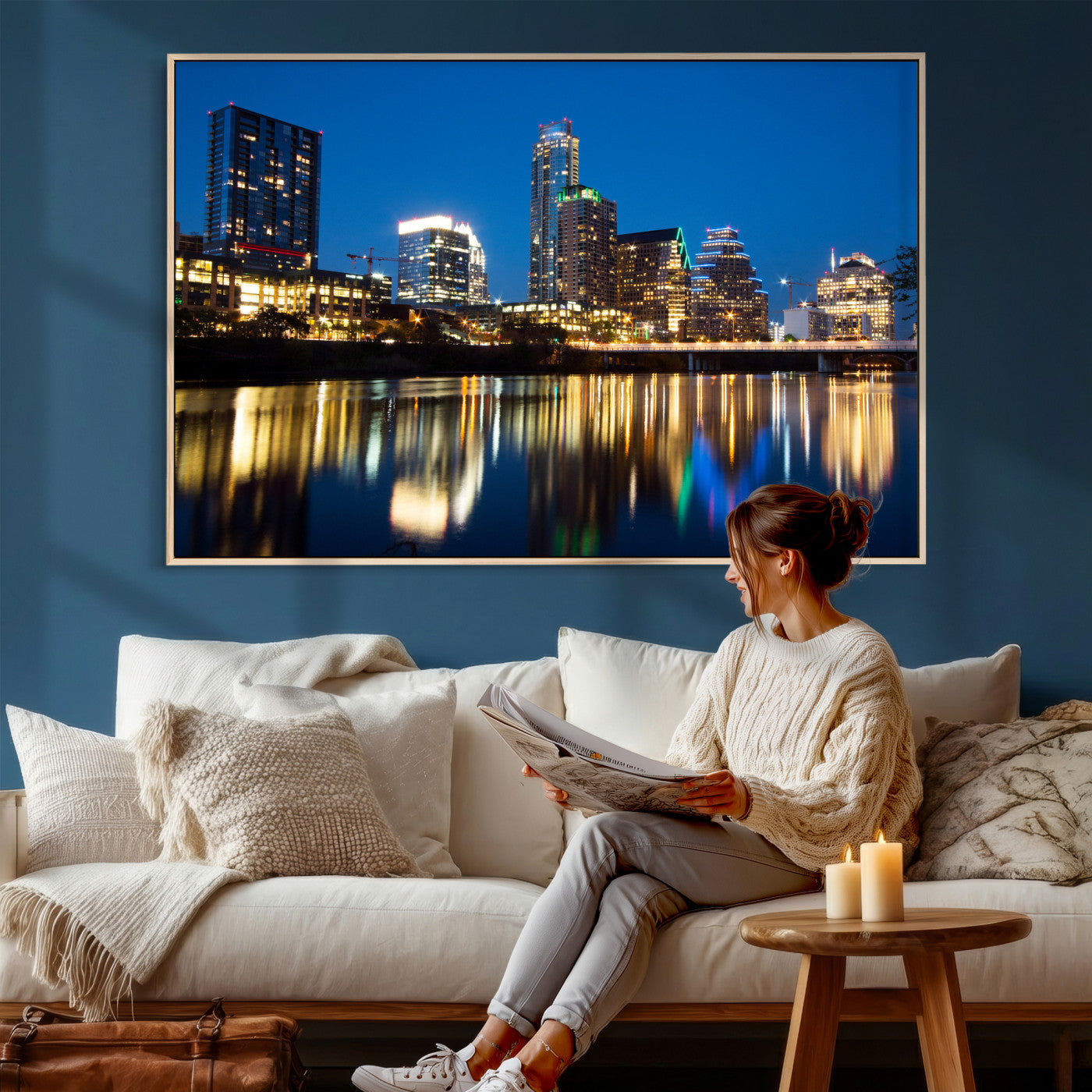 21916206-MGV-CV-36X24 - Austin Skyline Wall Art Canvas Print, Austin Downtown Night Cityscape Print for Modern Urban Wall Decor