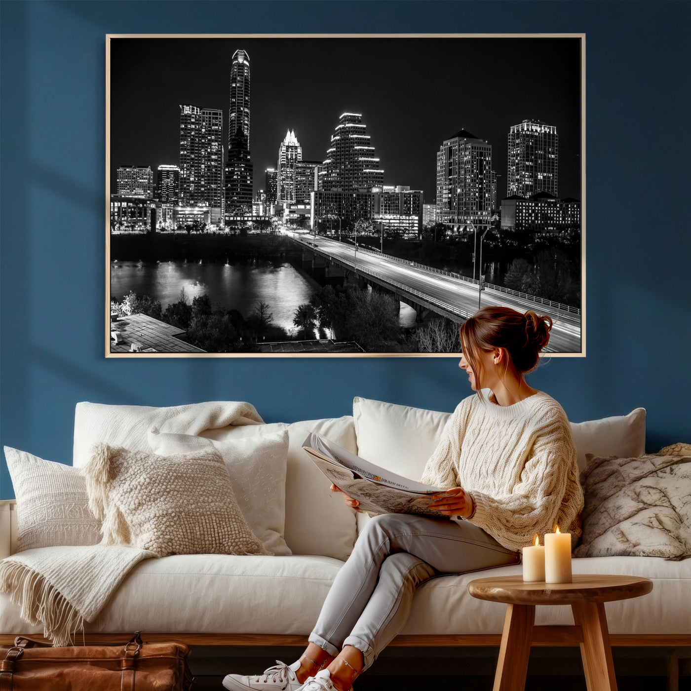37531750-MGV-CV-36X24 - Austin Skyline Wall Art Canvas Print, Austin Downtown Night Cityscape Print for Modern Urban Wall Decor