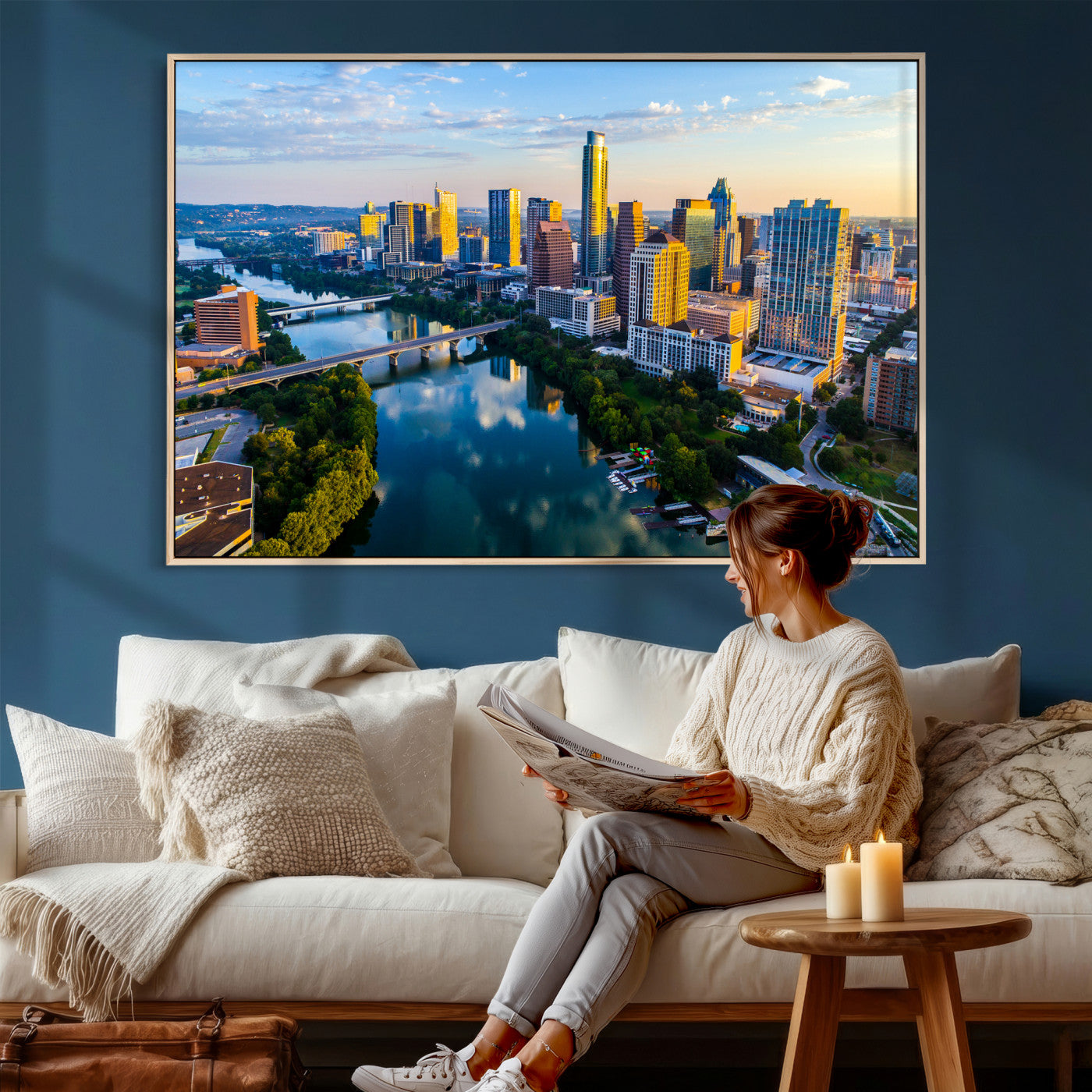 33675326-MGV-CV-36X24 - Austin Skyline Wall Art Canvas Print, Austin Downtown Night Cityscape Print for Modern Urban Wall Decor