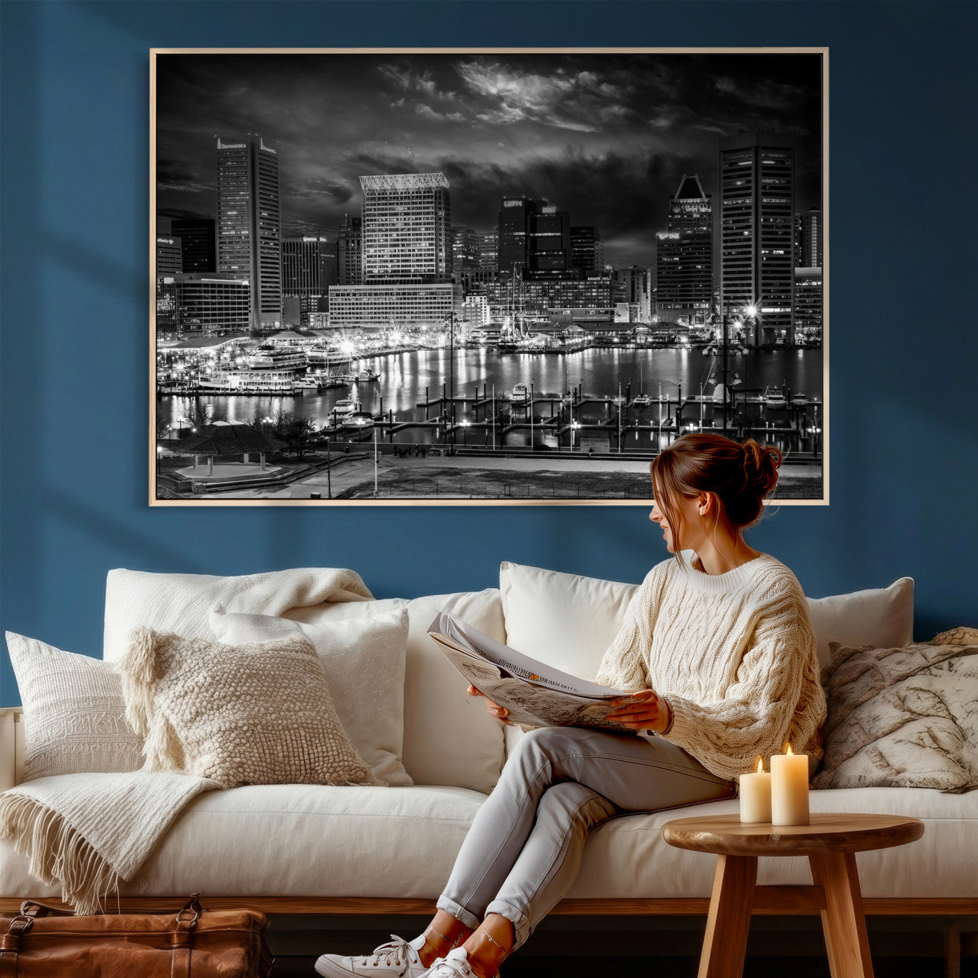 79755655-MGV-CV-36X24 - Baltimore Skyline Wall Art Canvas Print, Baltimore Downtown Night Cityscape Print for Modern Urban Wall Decor