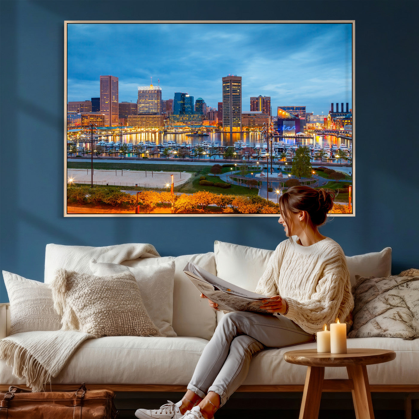 78635089-MGV-CV-36X24 - Baltimore Skyline Wall Art Canvas Print, Baltimore Downtown Night Cityscape Print for Modern Urban Wall Decor