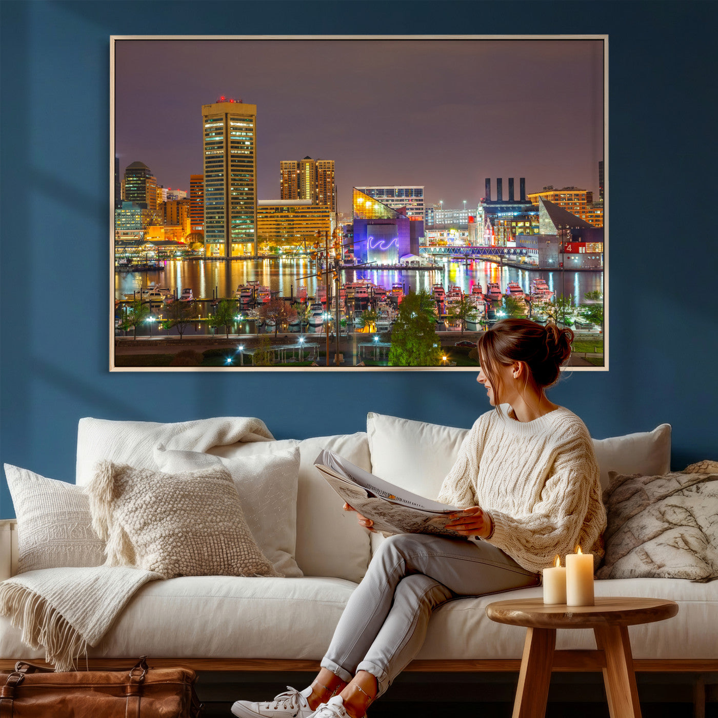 42654823-MGV-CV-36X24 - Baltimore Skyline Wall Art Canvas Print, Baltimore Downtown Night Cityscape Print for Modern Urban Wall Decor