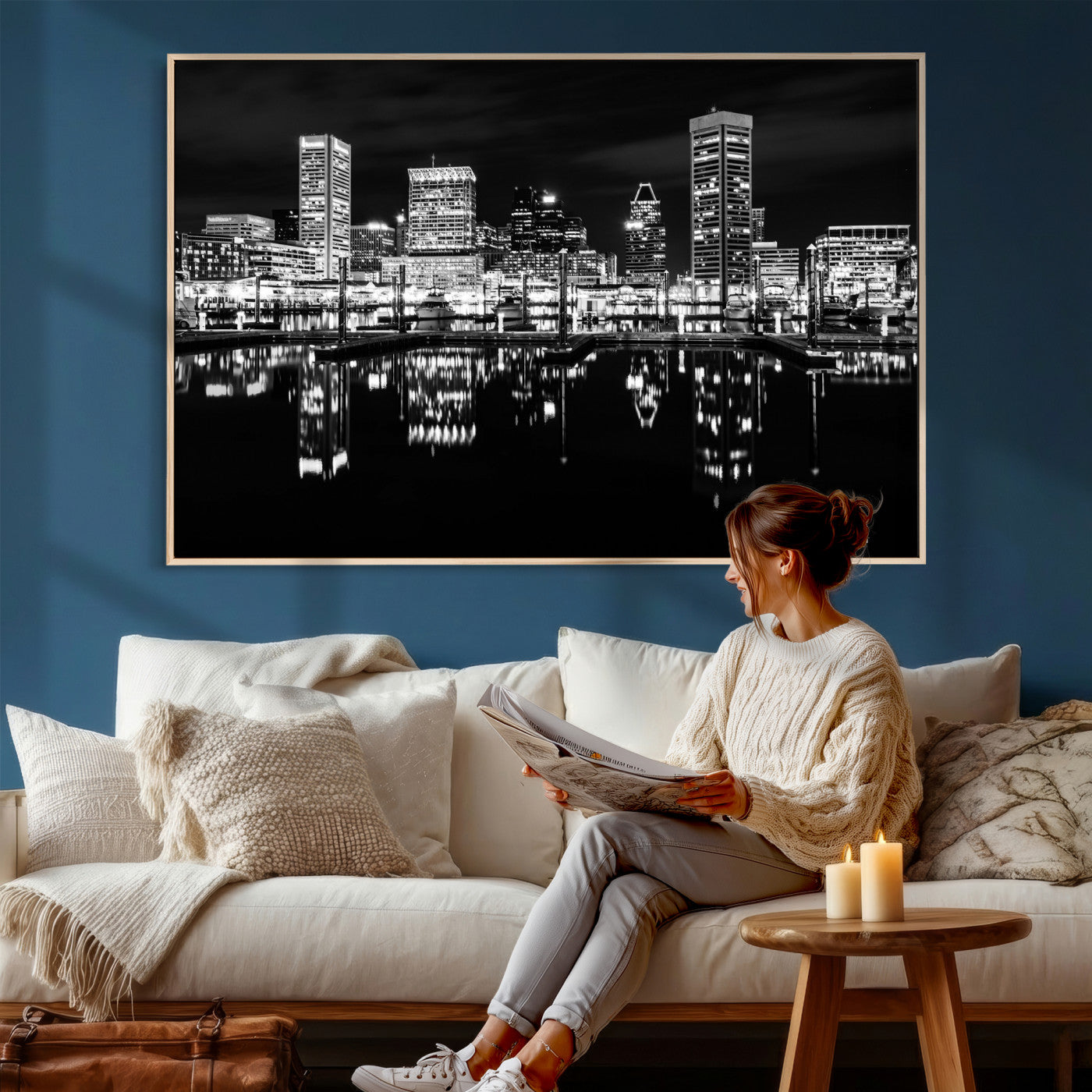69187681-MGV-CV-36X24 - Baltimore Skyline Wall Art Canvas Print, Baltimore Downtown Night Cityscape Print for Modern Urban Wall Decor