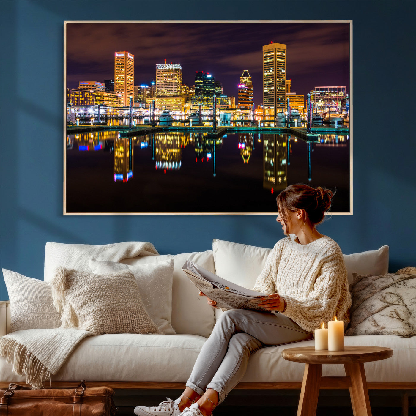 38201692-MGV-CV-36X24 - Baltimore Skyline Wall Art Canvas Print, Baltimore Downtown Night Cityscape Print for Modern Urban Wall Decor