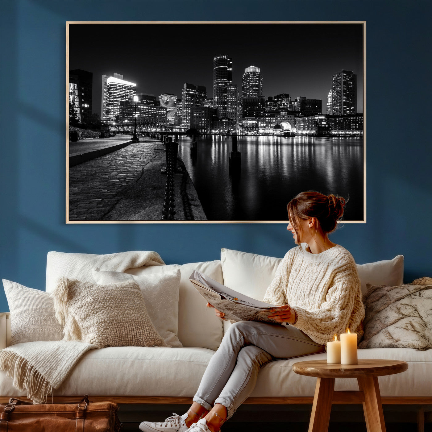 53082656-MGV-CV-36X24 - Boston Wall Art Canvas Print, Boston City Downtown Night Cityscape Print for Modern Urban Wall Decor