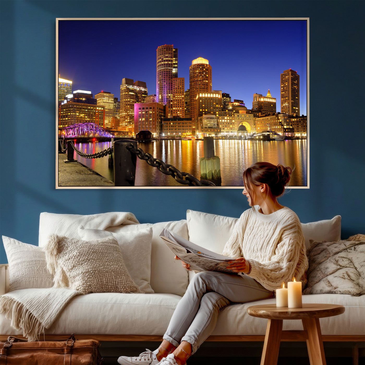 56611117-MGV-CV-36X24 - Boston Wall Art Canvas Print, Boston City Downtown Night Cityscape Print for Modern Urban Wall Decor