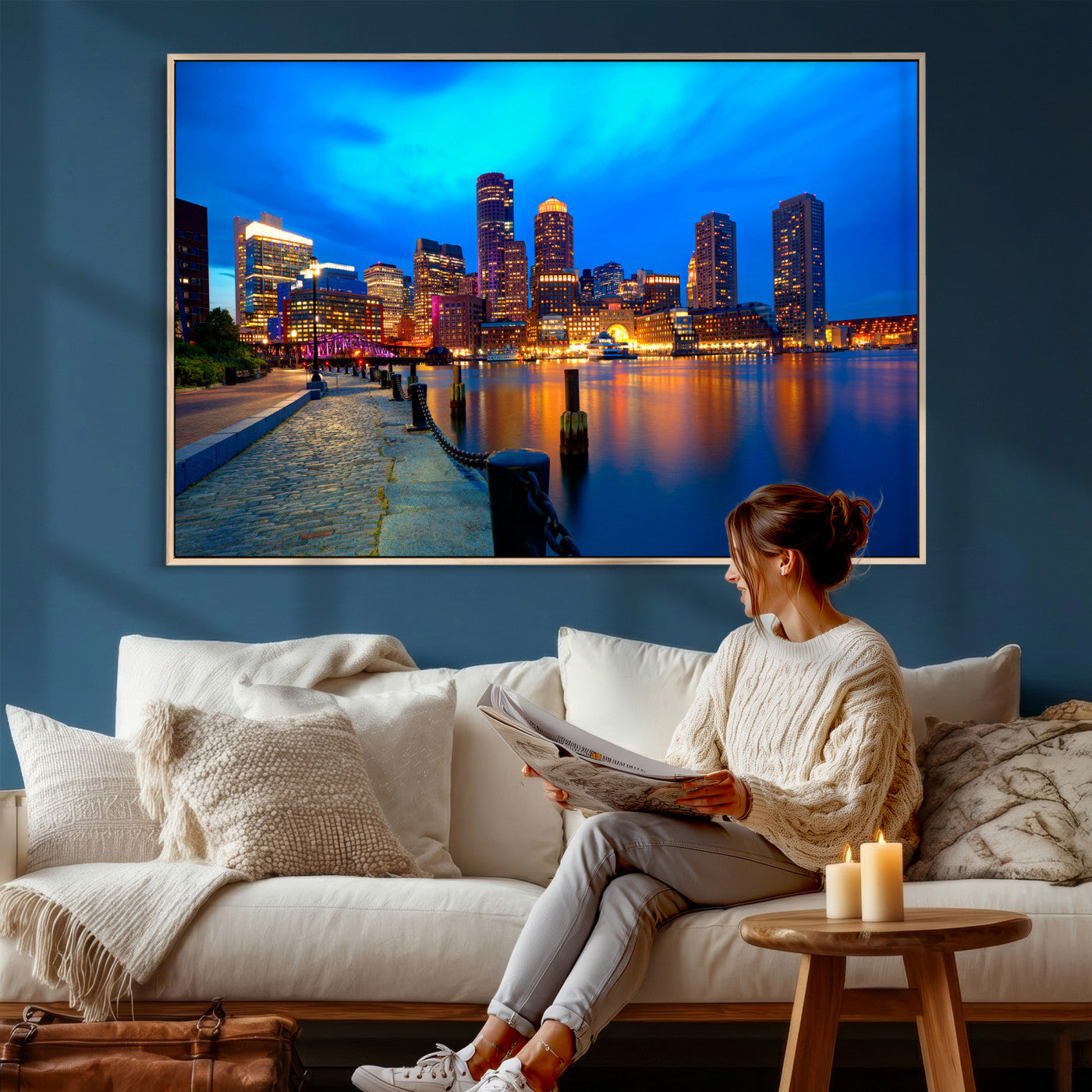 69619565-MGV-CV-36X24 - Boston Wall Art Canvas Print, Boston City Downtown Night Cityscape Print for Modern Urban Wall Decor
