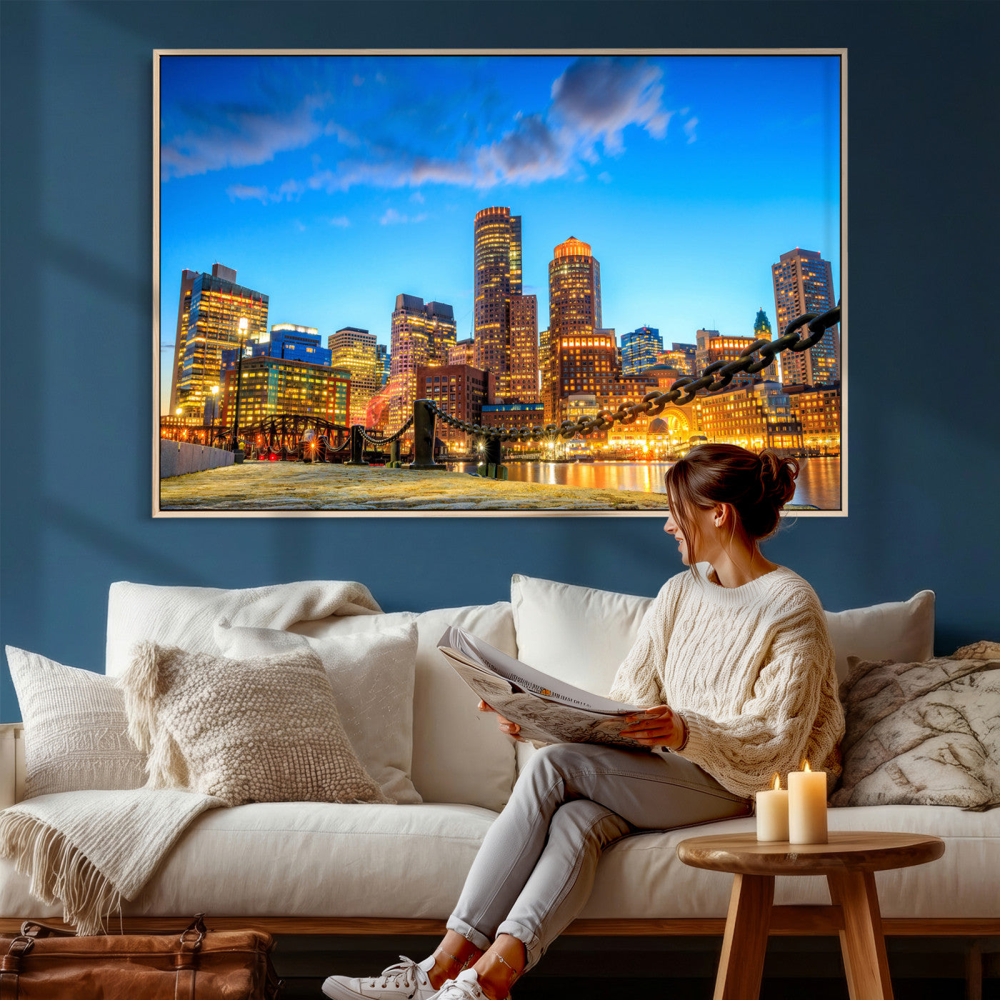 46736409-MGV-CV-36X24 - Boston Wall Art Canvas Print, Boston City Downtown Night Cityscape Print for Modern Urban Wall Decor