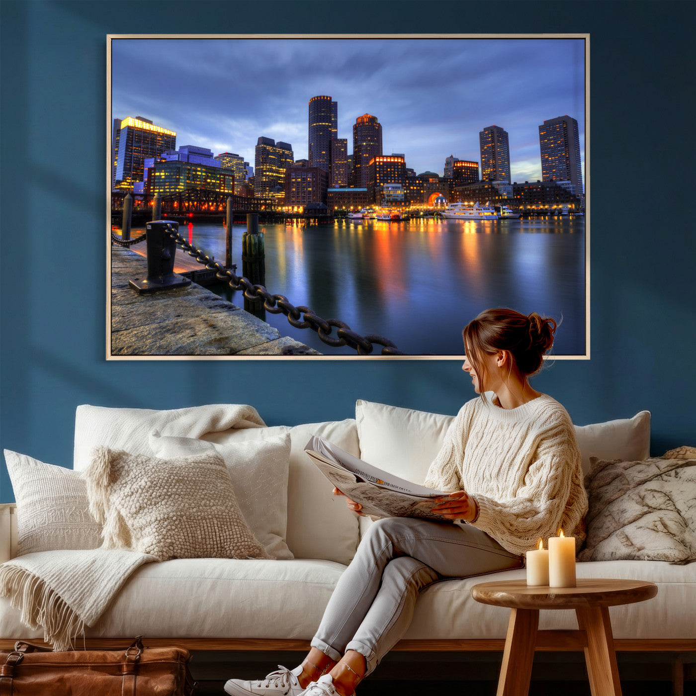 82439622-MGV-CV-36X24 - Boston Wall Art Canvas Print, Boston City Downtown Night Cityscape Print for Modern Urban Wall Decor