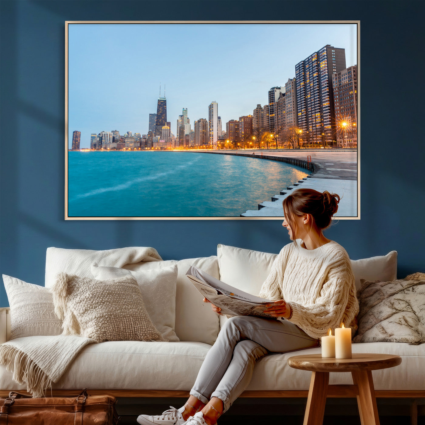 66780141-MGV-CV-36X24 - Chicago Wall Art Canvas Print, Chicago City Downtown Night Cityscape Print for Modern Urban Wall Decor