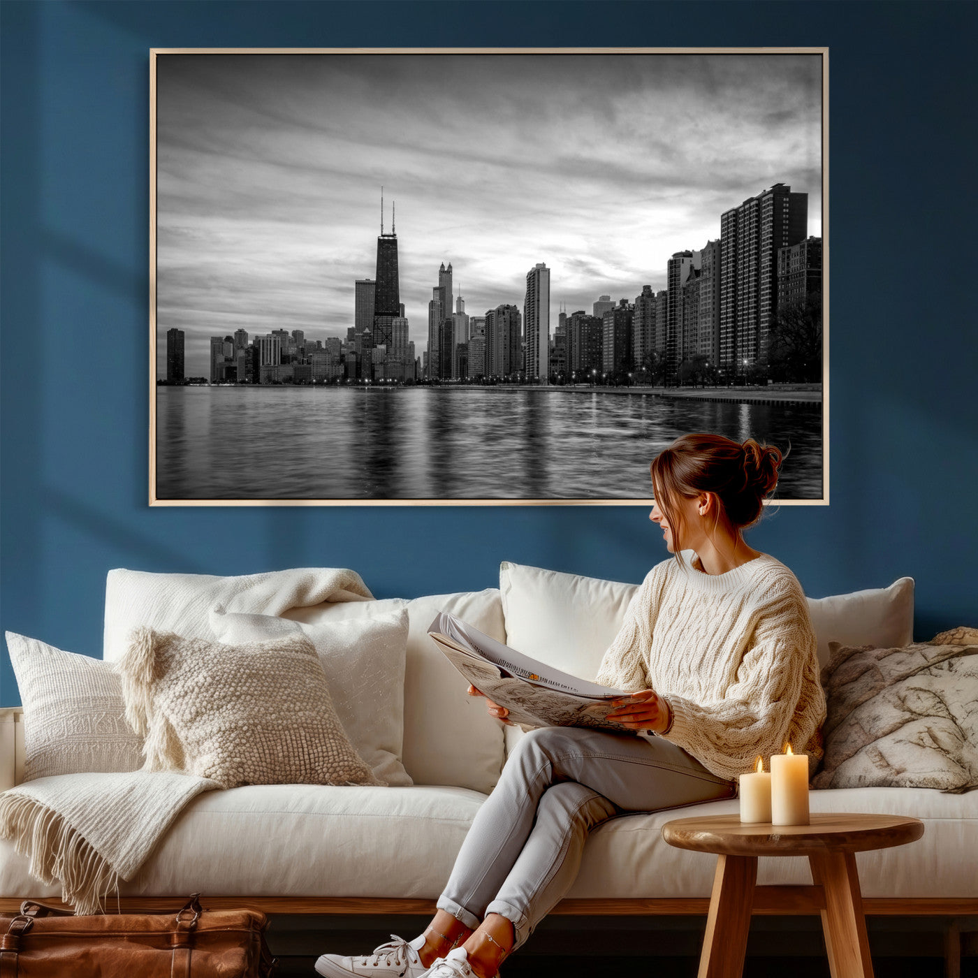 74552581-MGV-CV-36X24 - Chicago Wall Art Canvas Print, Chicago City Downtown Night Cityscape Print for Modern Urban Wall Decor