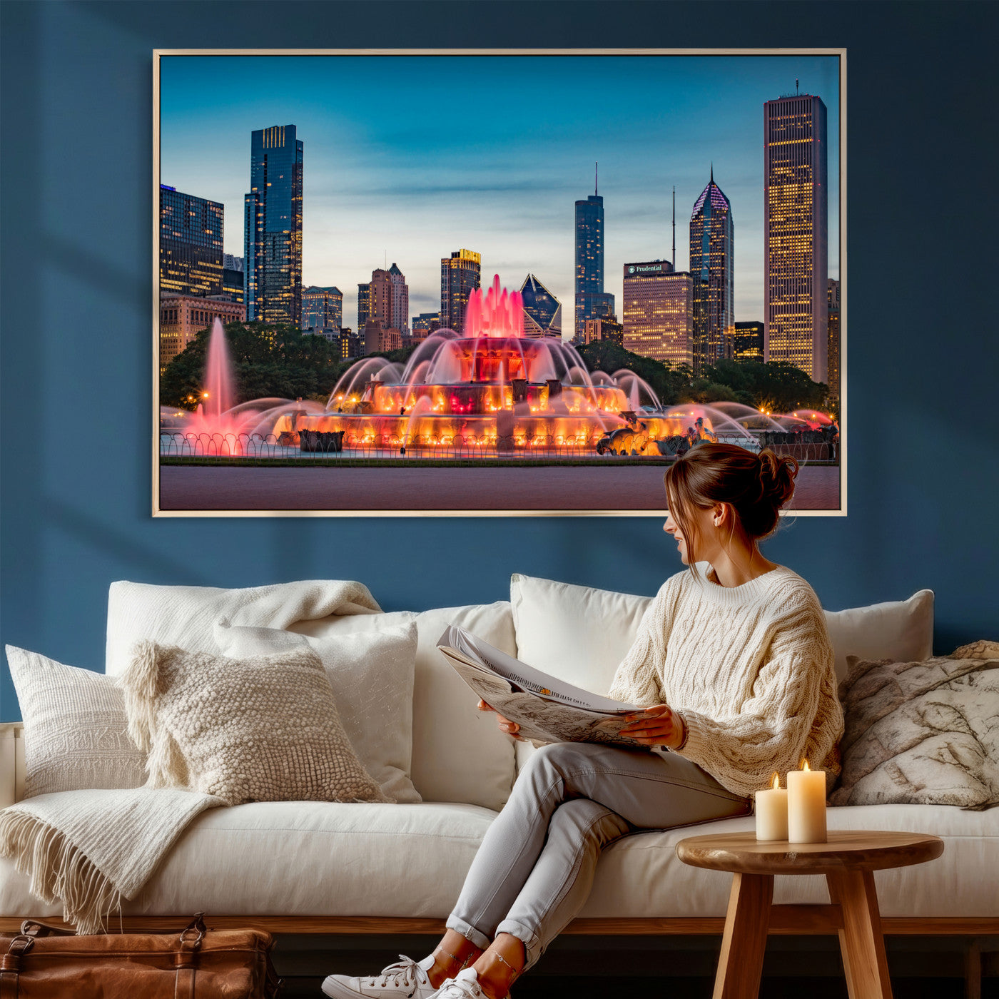 46805285-MGV-CV-36X24 - Chicago Wall Art Canvas Print, Chicago City Downtown Night Cityscape Print for Modern Urban Wall Decor