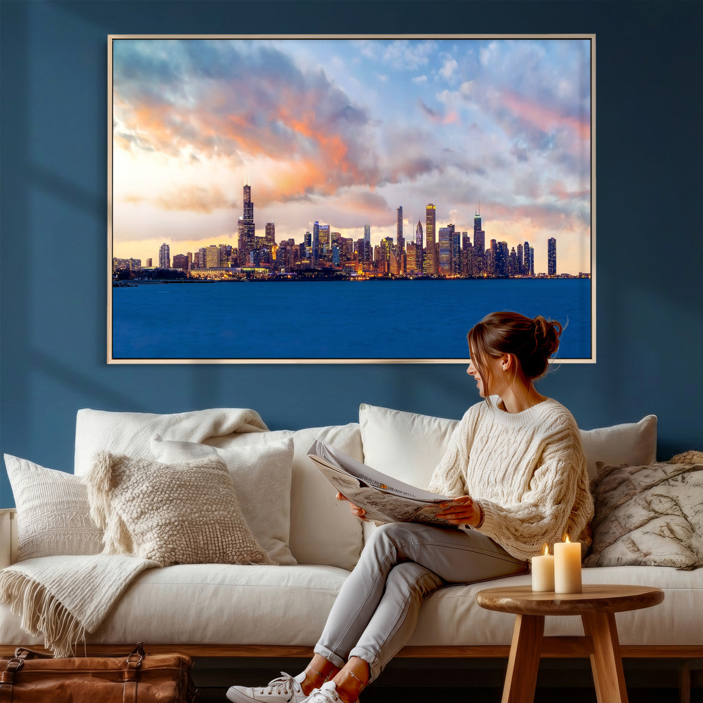 34667960-MGV-CV-36X24 - Chicago Wall Art Canvas Print, Chicago City Downtown Night Cityscape Print for Modern Urban Wall Decor