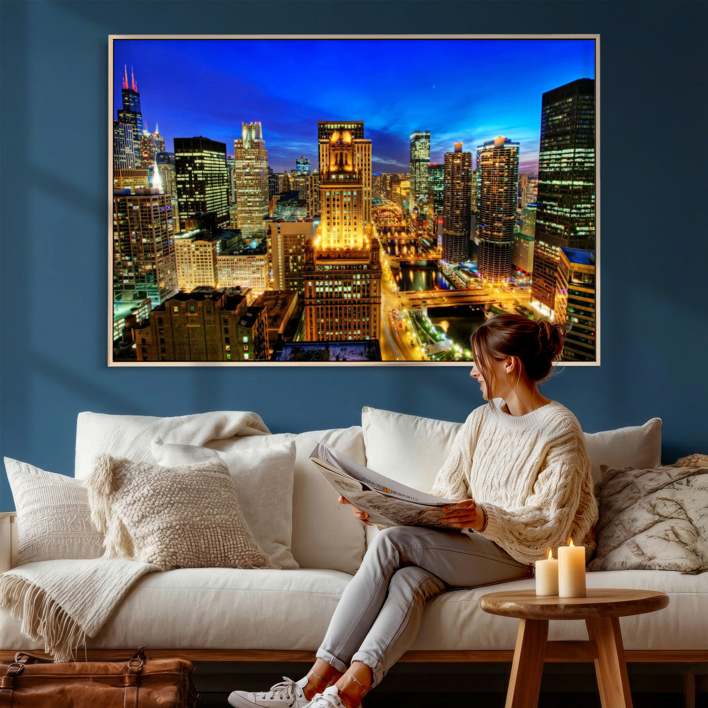46298885-MGV-CV-36X24 - Chicago Wall Art Canvas Print, Chicago City Downtown Night Cityscape Print for Modern Urban Wall Decor