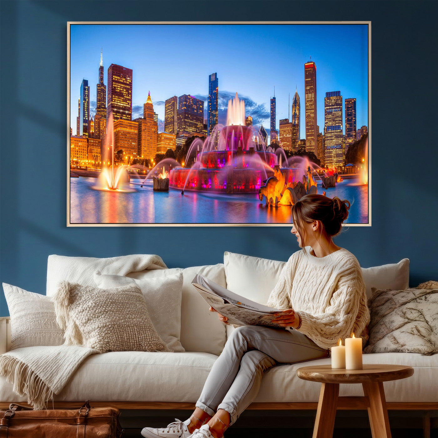 20251989-MGV-CV-36X24 - Chicago Wall Art Canvas Print, Chicago City Downtown Night Cityscape Print for Modern Urban Wall Decor