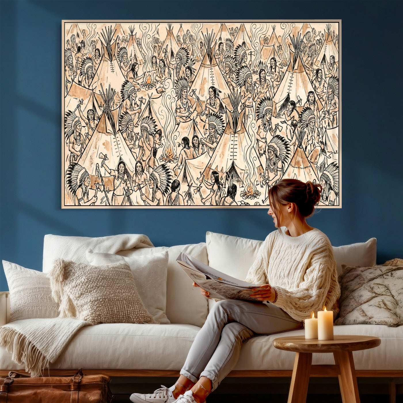 72739176-MGV-CV-36X24 - Farmhouse Animals Wall Art Canvas Print - Abstract Farm Animal Drawing Mid-Century Wall Art for Cabin Decor