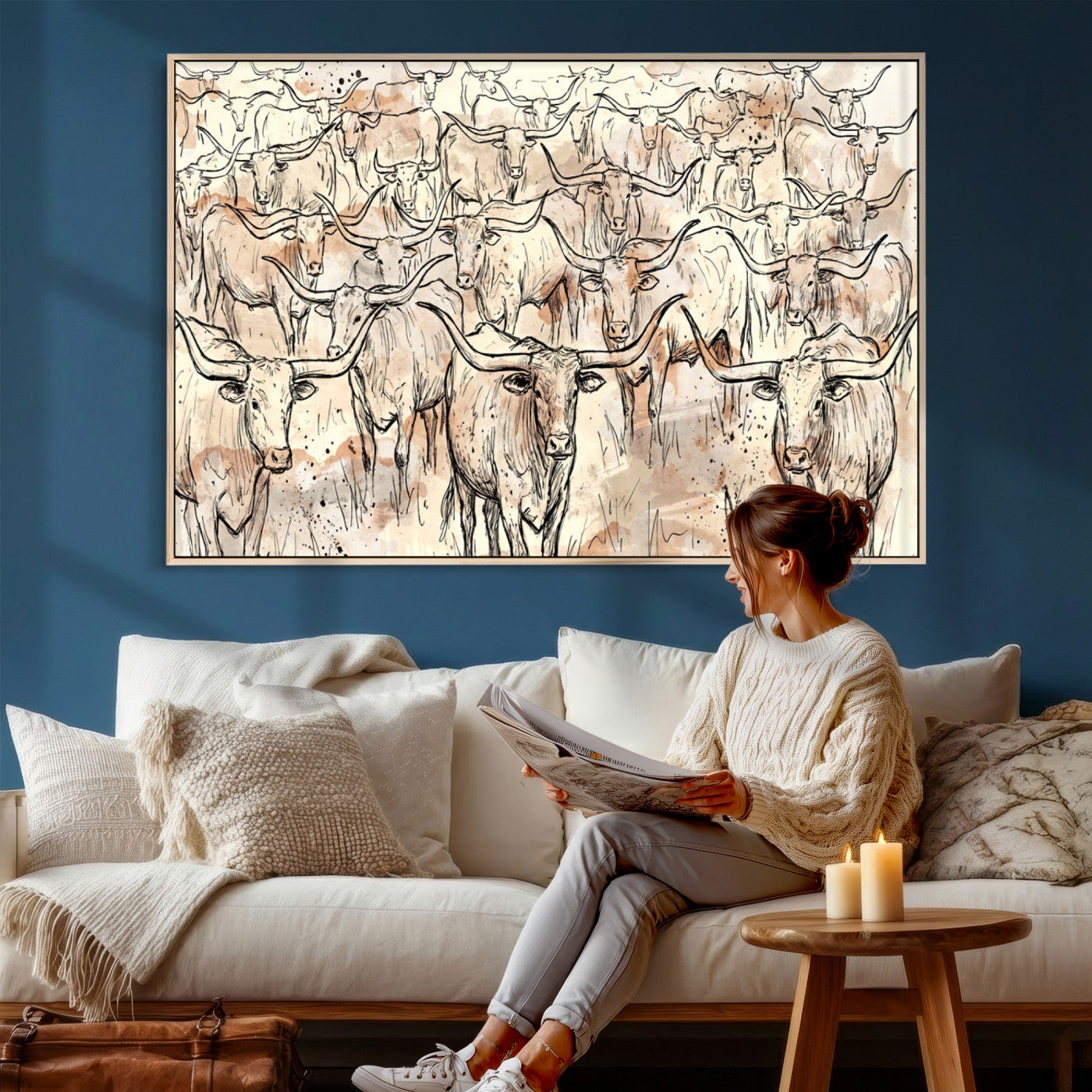 94055403-MGV-CV-36X24 - Farmhouse Animals Wall Art Canvas Print - Abstract Farm Animal Drawing Mid-Century Wall Art for Cabin Decor