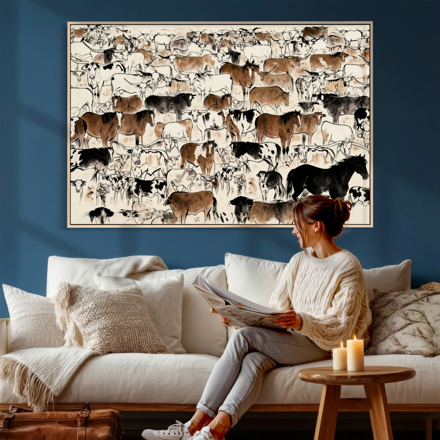 86150485-MGV-CV-36X24 - Farmhouse Animals Wall Art Canvas Print - Abstract Farm Animal Drawing Mid-Century Wall Art for Cabin Decor