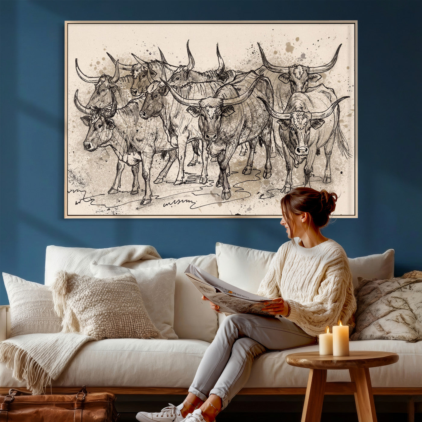 74232558-MGV-CV-36X24 - Farmhouse Animals Wall Art Canvas Print - Abstract Farm Animal Drawing Mid-Century Wall Art for Cabin Decor