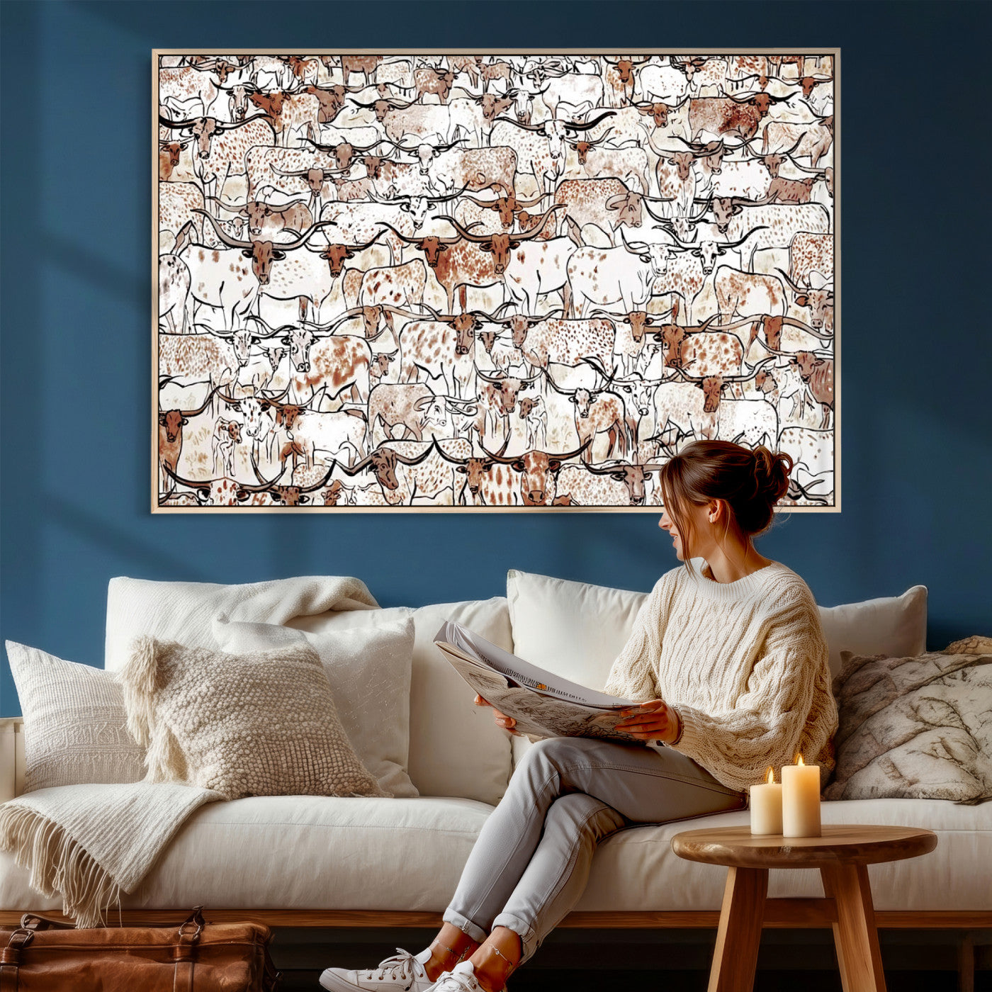 71869761-MGV-CV-36X24 - Farmhouse Animals Wall Art Canvas Print - Abstract Farm Animal Drawing Mid-Century Wall Art for Cabin Decor