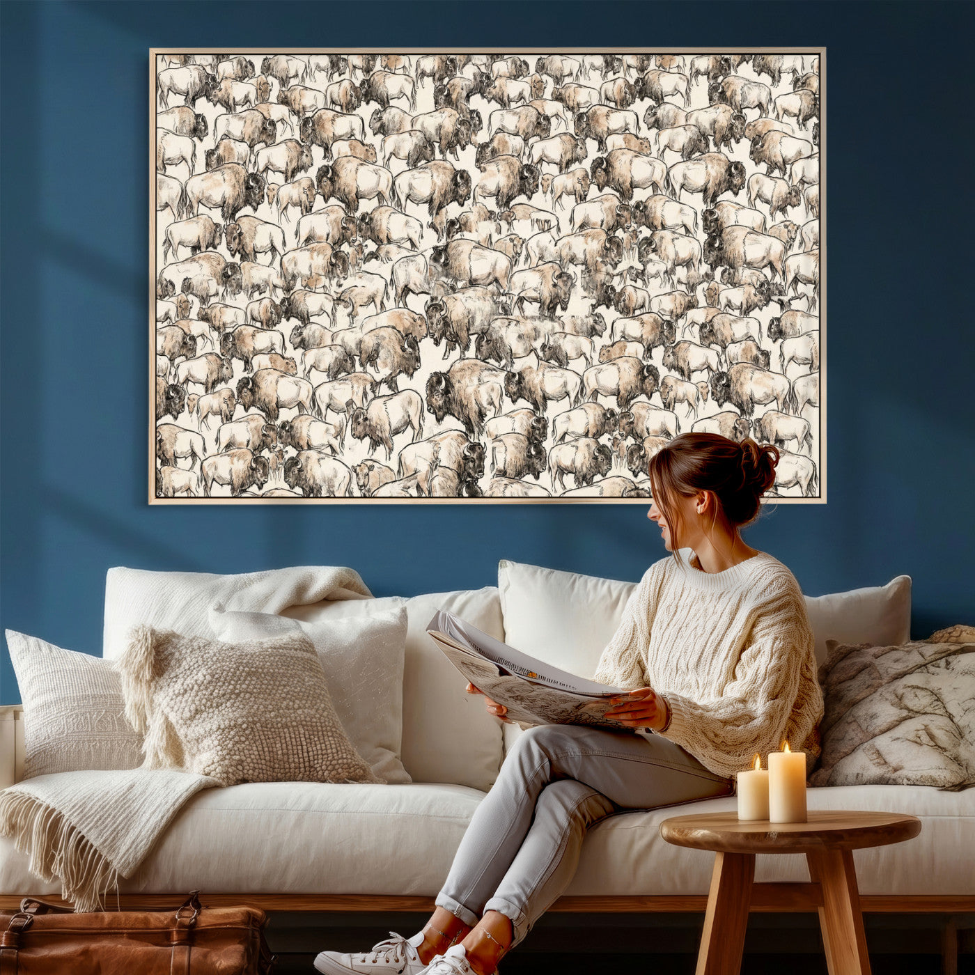 77502929-MGV-CV-36X24 - Farmhouse Animals Wall Art Canvas Print - Abstract Farm Animal Drawing Mid-Century Wall Art for Cabin Decor