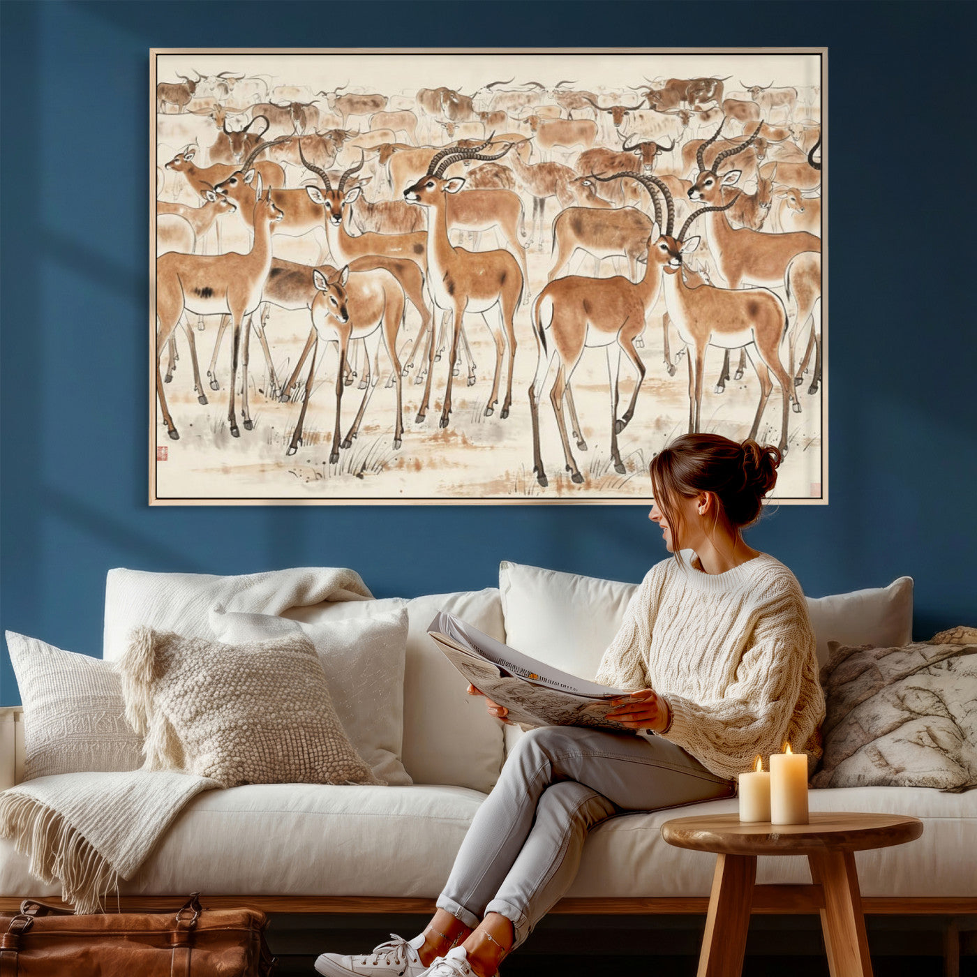 67375088-MGV-CV-36X24 - Farmhouse Animals Wall Art Canvas Print - Abstract Farm Animal Drawing Mid-Century Wall Art for Cabin Decor