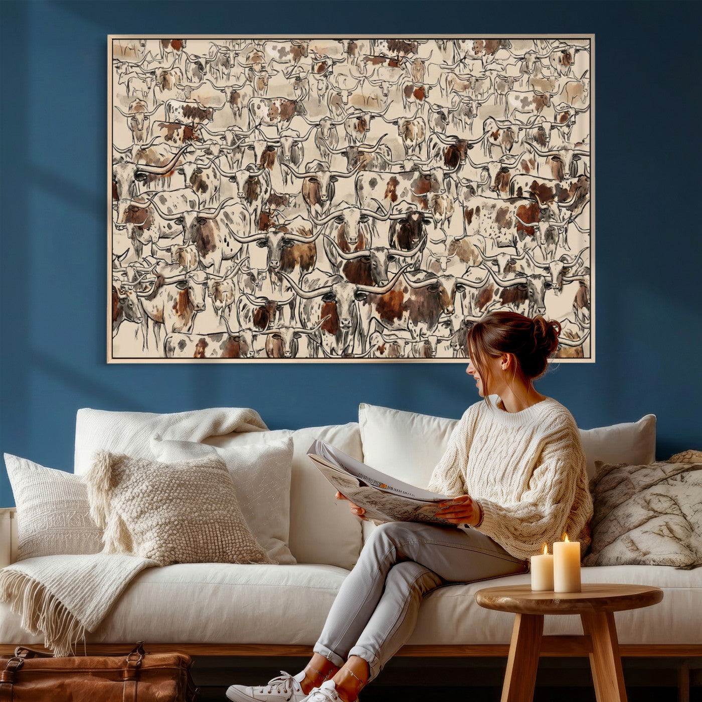 94808502-MGV-CV-36X24 - Farmhouse Animals Wall Art Canvas Print - Abstract Farm Animal Drawing Mid-Century Wall Art for Cabin Decor