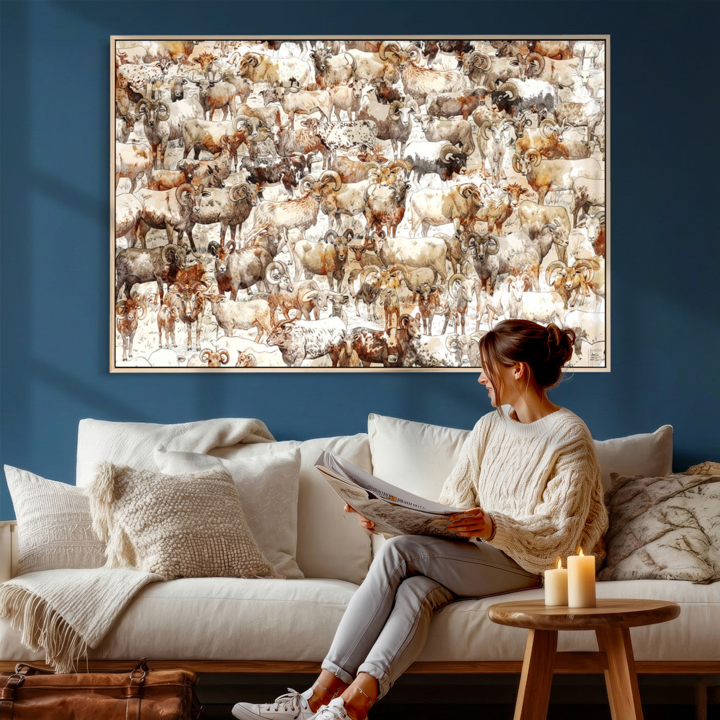 95103864-MGV-CV-36X24 - Farmhouse Animals Wall Art Canvas Print - Abstract Farm Animal Drawing Mid-Century Wall Art for Cabin Decor