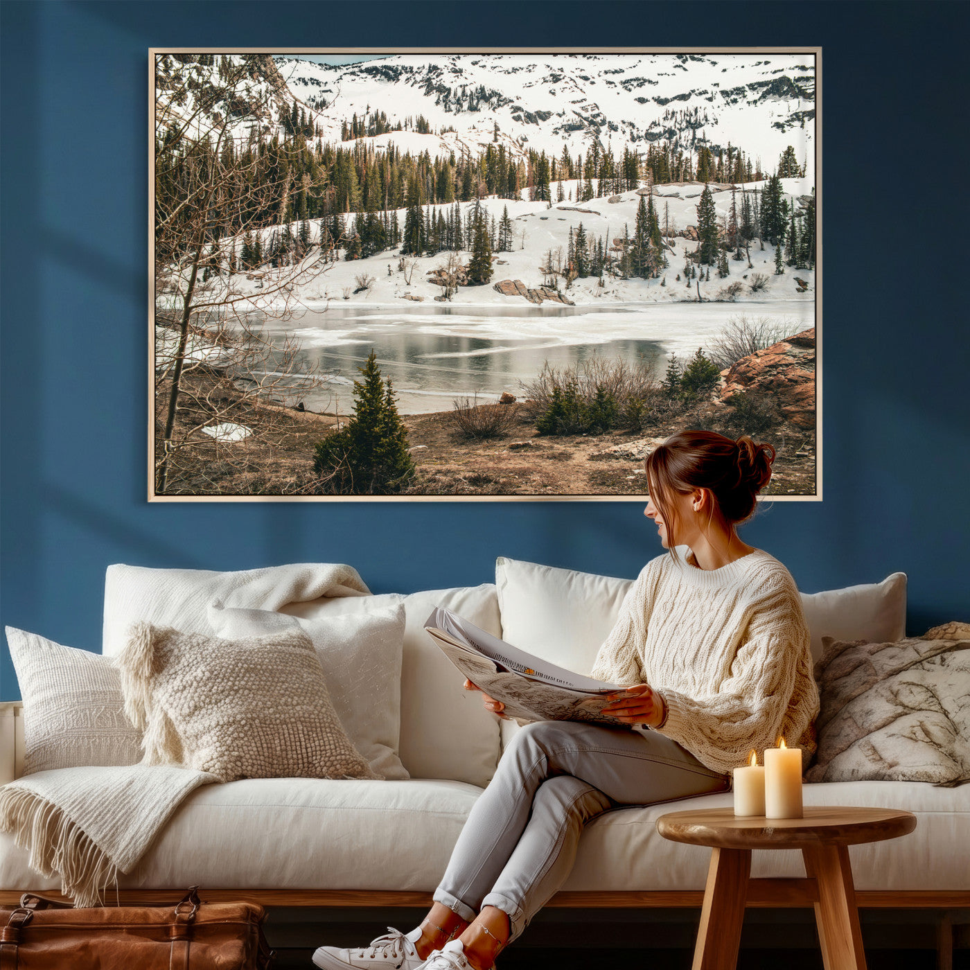 10336249-MGV-CV-36X24 - Snowy Mountain Landscape Wall Art Canvas Print, Alpine Pine Forest Winter Nature Wall Decor for Living Room and Office