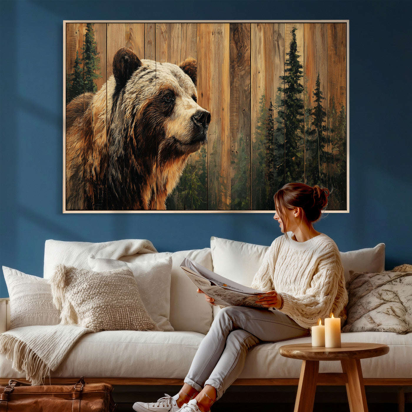 75645180-MGV-CV-36X24 - Grizzly Bear Wall Art Canvas Print, Rustic Wildlife Bear Artwork, Forest Animal Painting, Cabin Lodge Nature Wall Decor